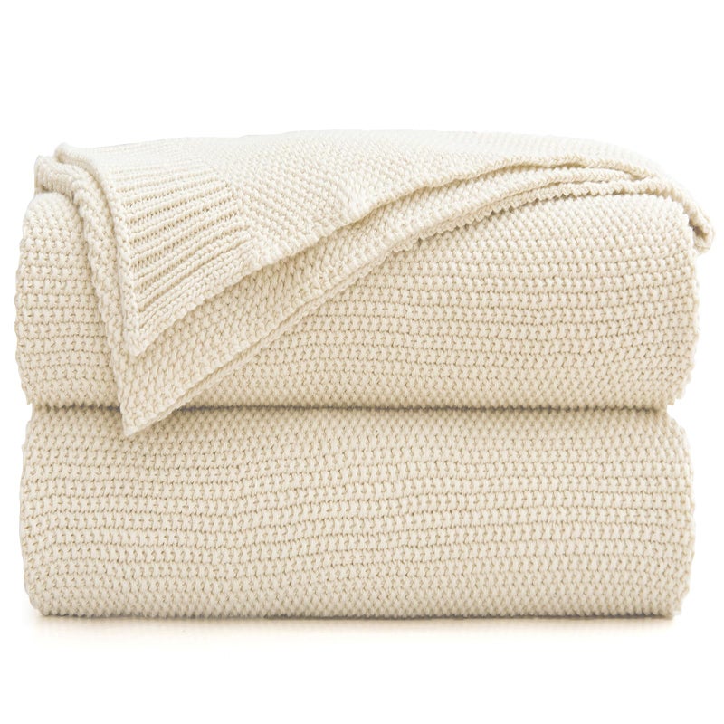 Longhui bedding Cream Cotton Cable Knit Throw Blanket for Couch Sofa Bed, Home Decorative Throw Blanket for Couch, Lightweight Woven Throw Blankets with Bonus Laundering Bag, 3.4 Pounds 60 x 80 Beige - Image 1